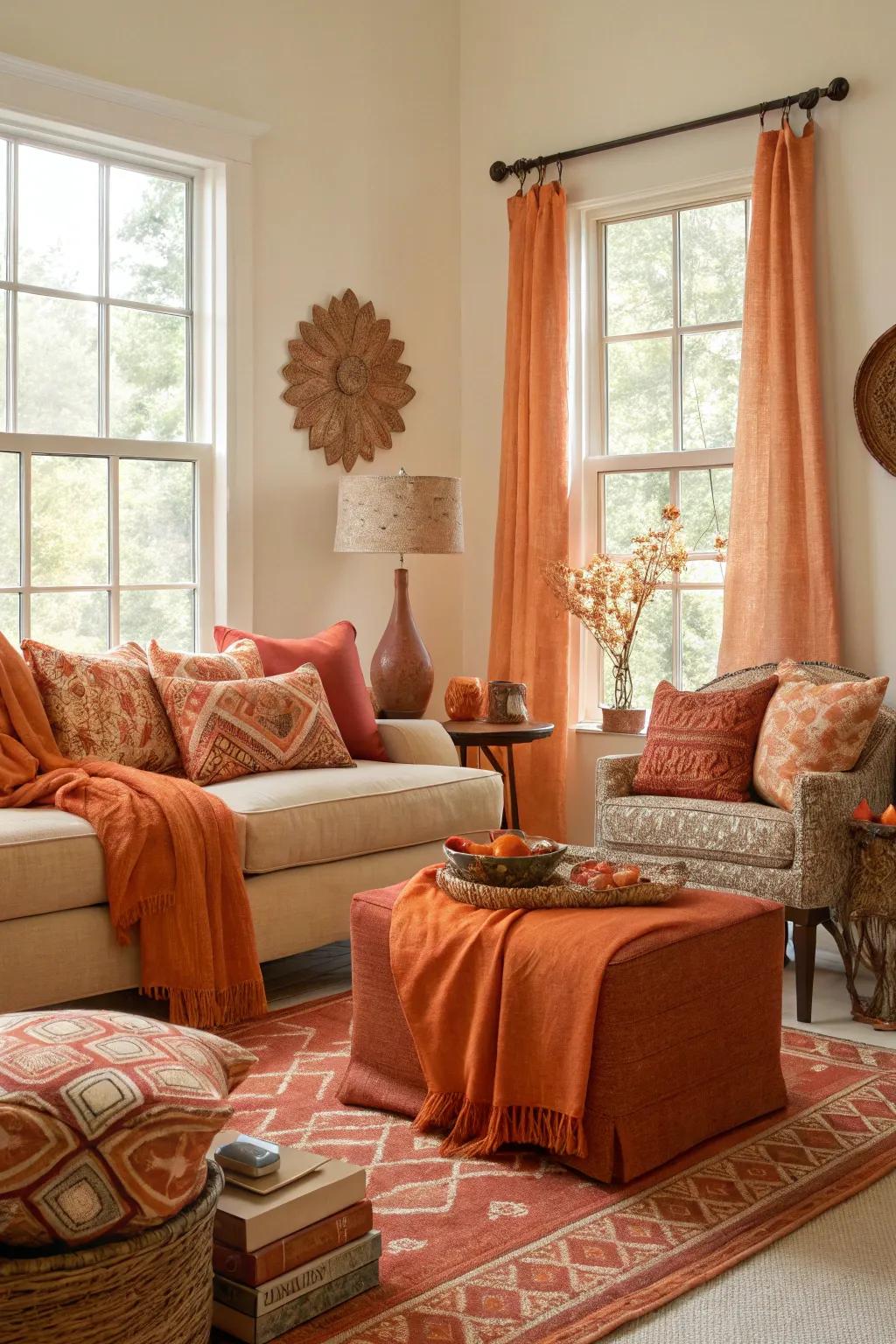 Diverse shades of tangerine give rise to dimension and dynamism in the family room.