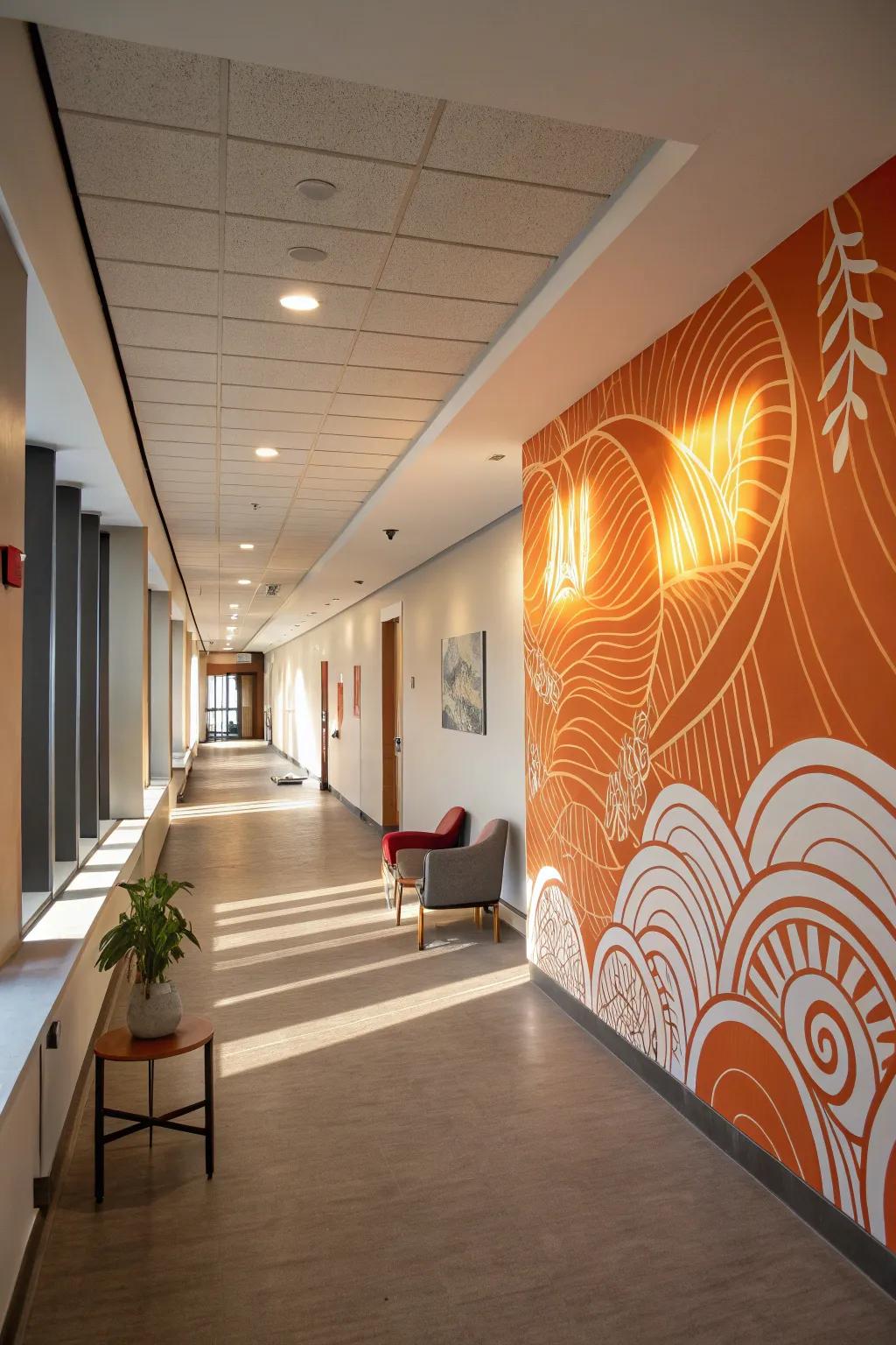 An entryway becomes an art gallery with an abstract tangerine mural.