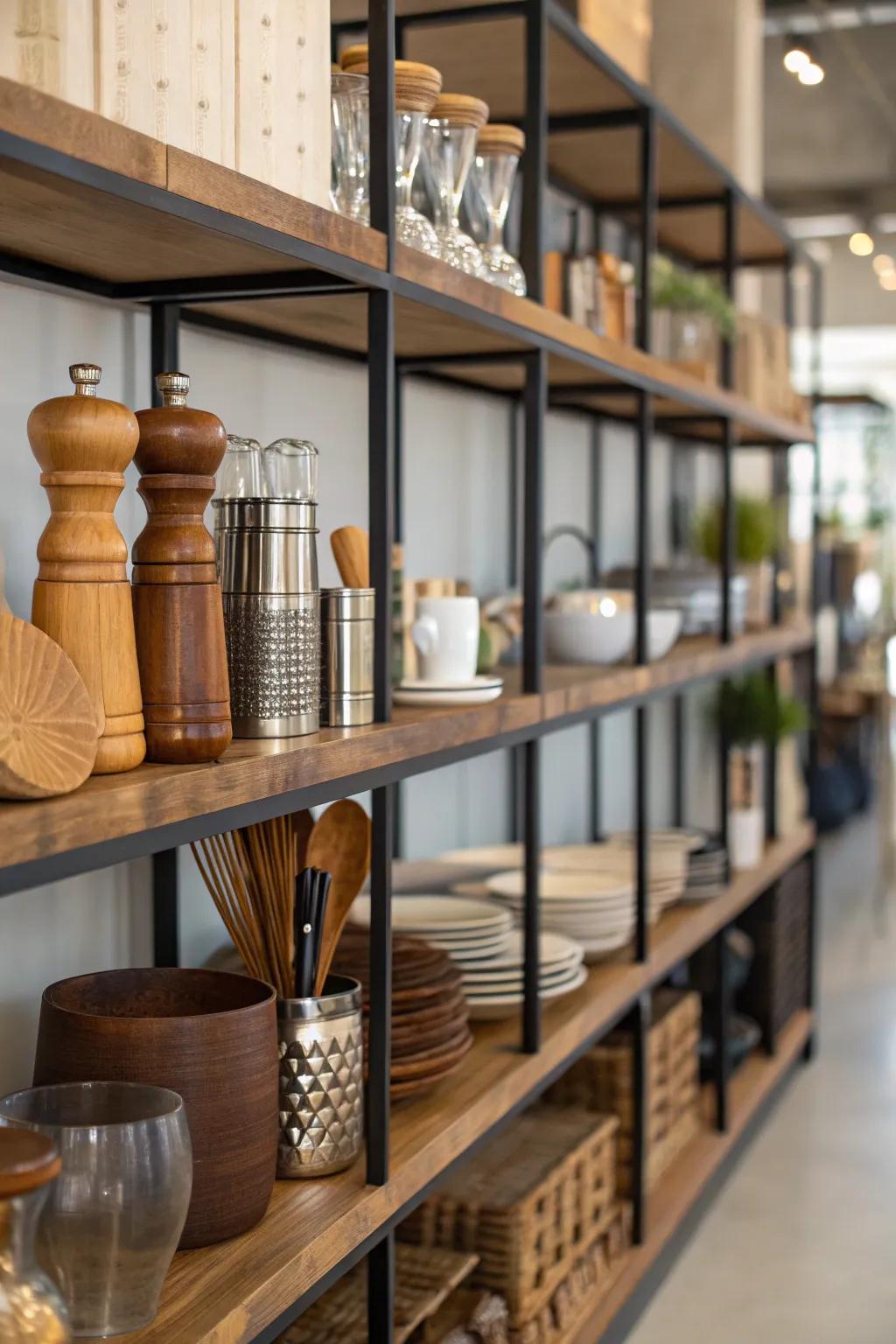 A blend of materials adds depth and style to shelves