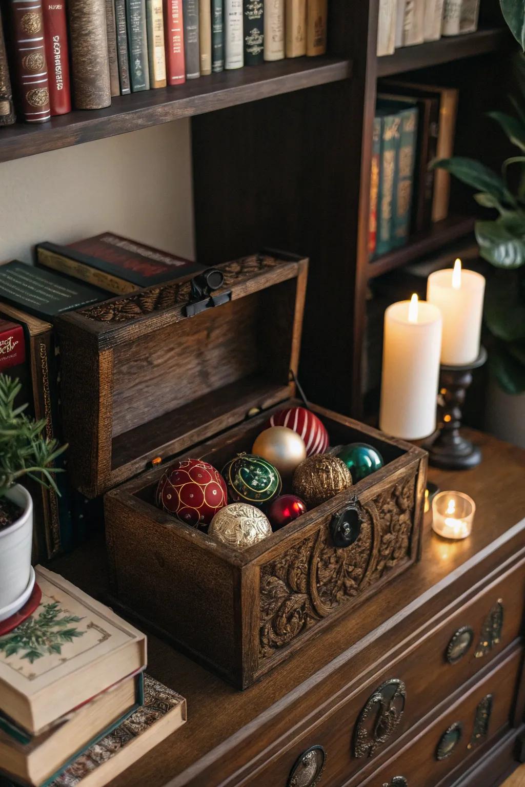 A reminiscent bauble presentation utilizing a retro box.