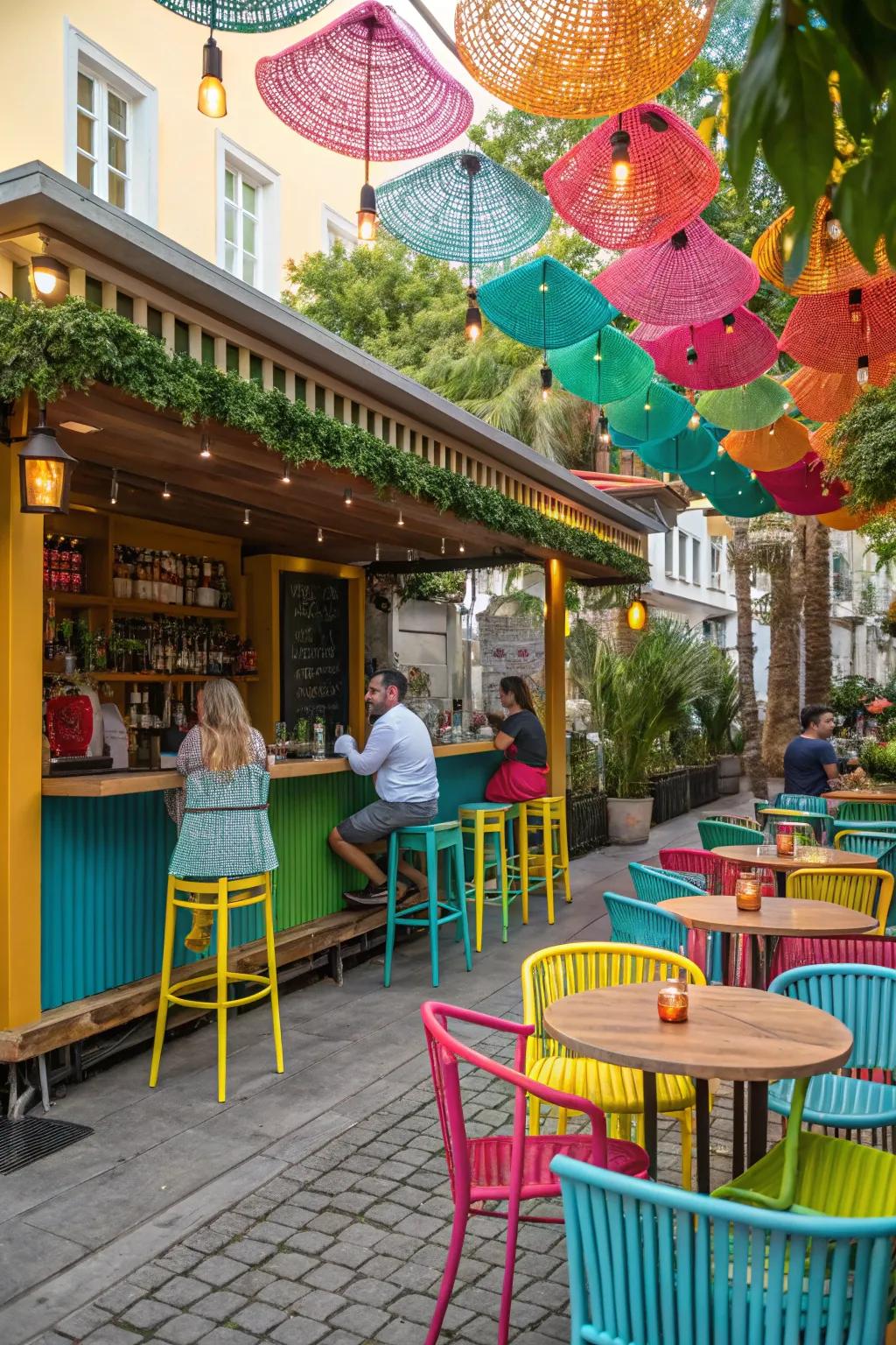 Bright colors bring life and joy to the bar area.