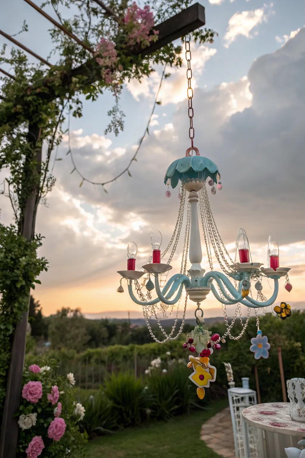 Add whimsy to your garden with a playful chandelier design.