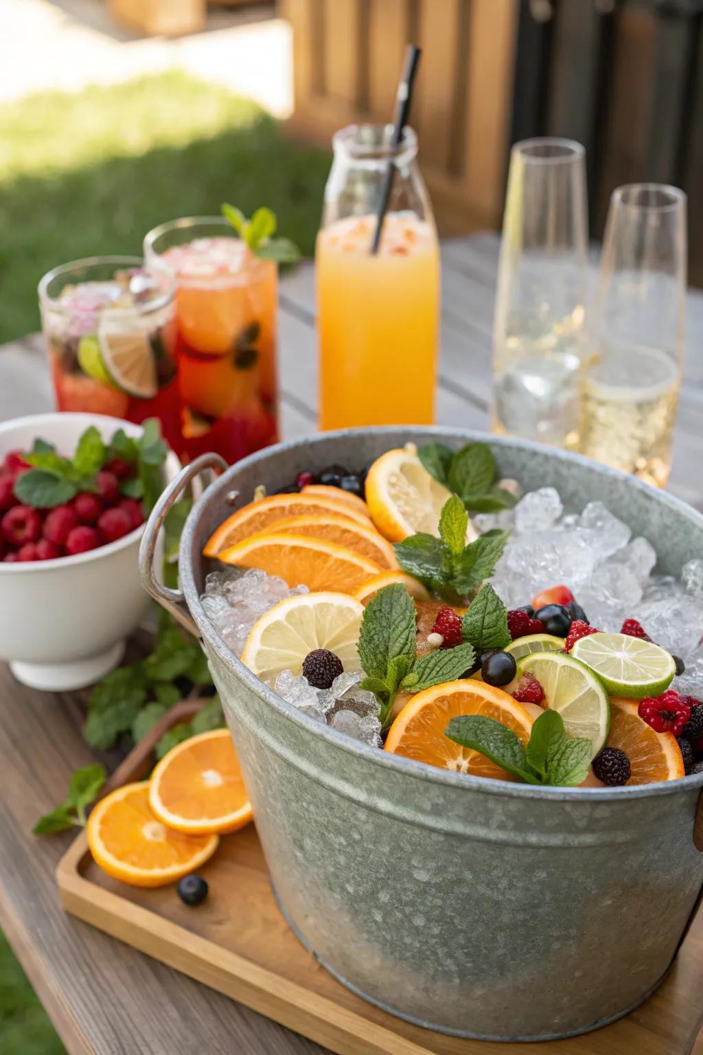 An ice pail with fruit trimmings introduces a fresh touch.