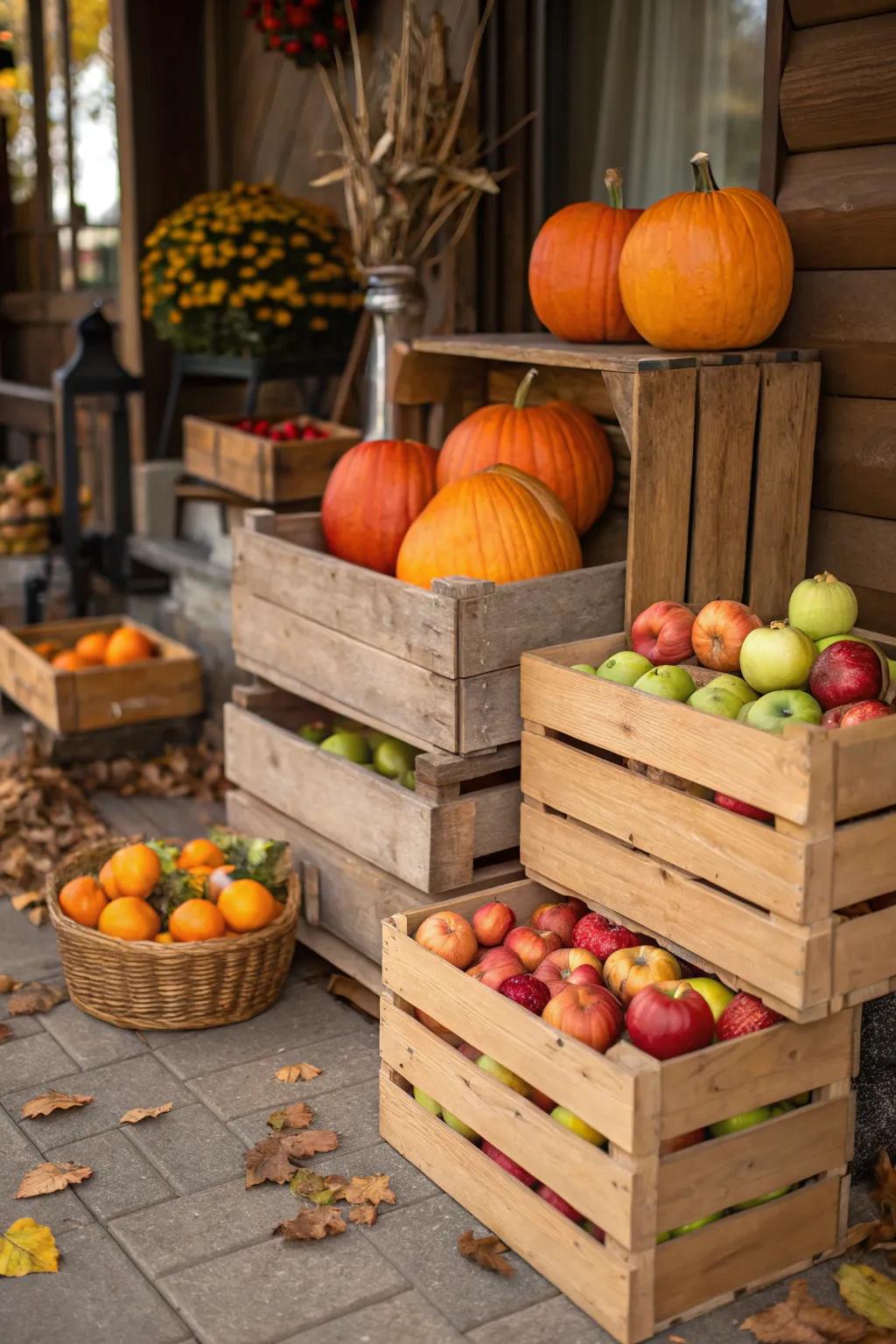 Wood cases filled with squashes and pome fruits construct a countryside display.