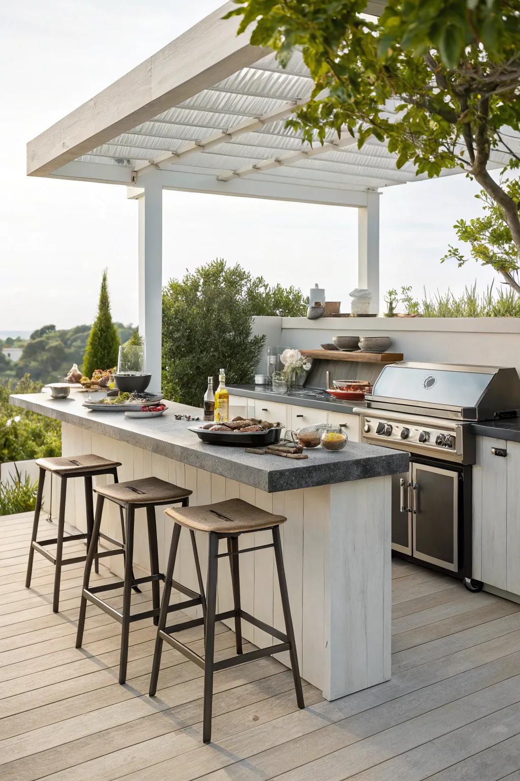 A welcoming outdoor kitchen island with a dedicated bar area and high stools.