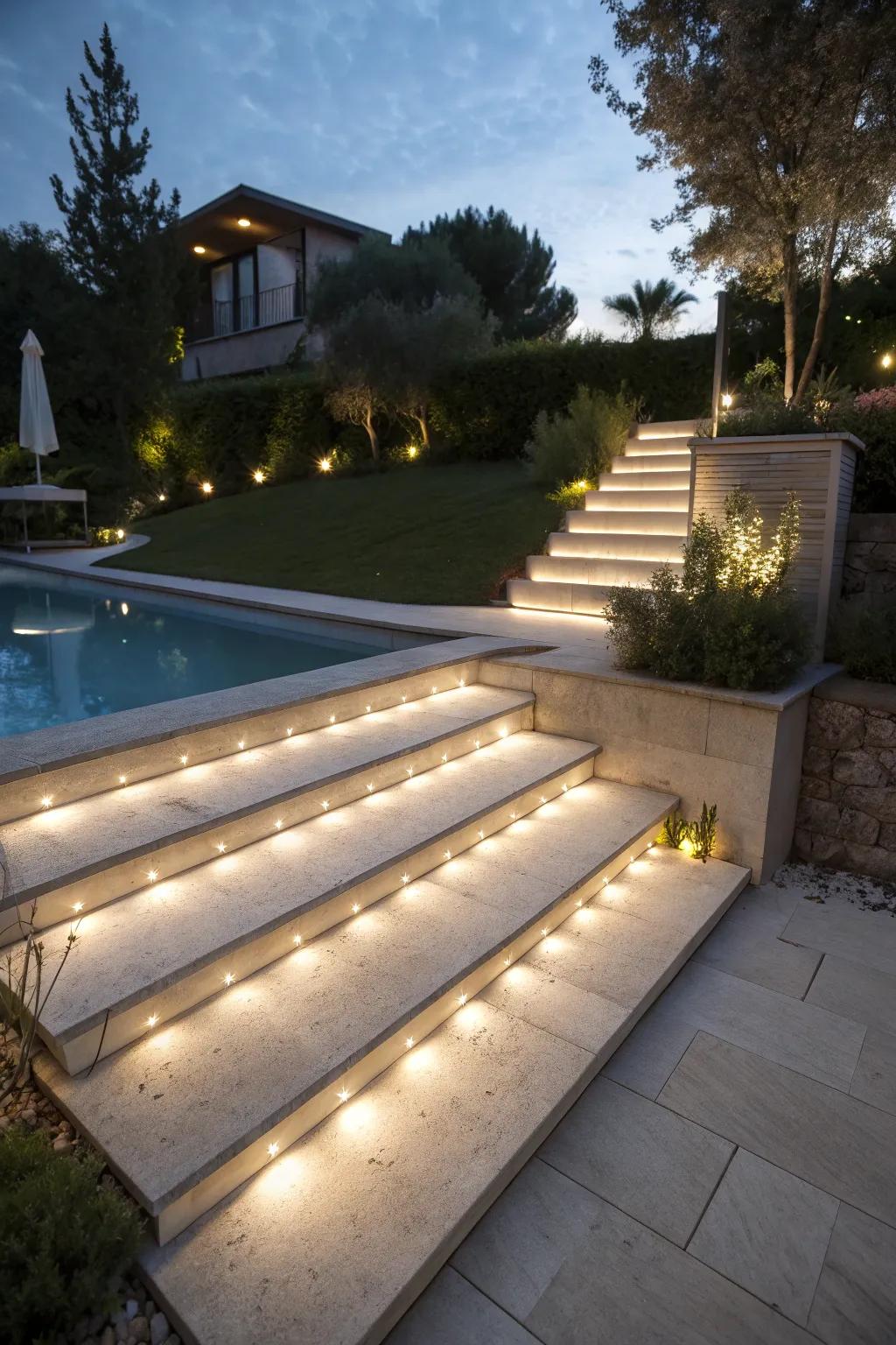 Step lights guarantee protected passage while preserving visual harmony.