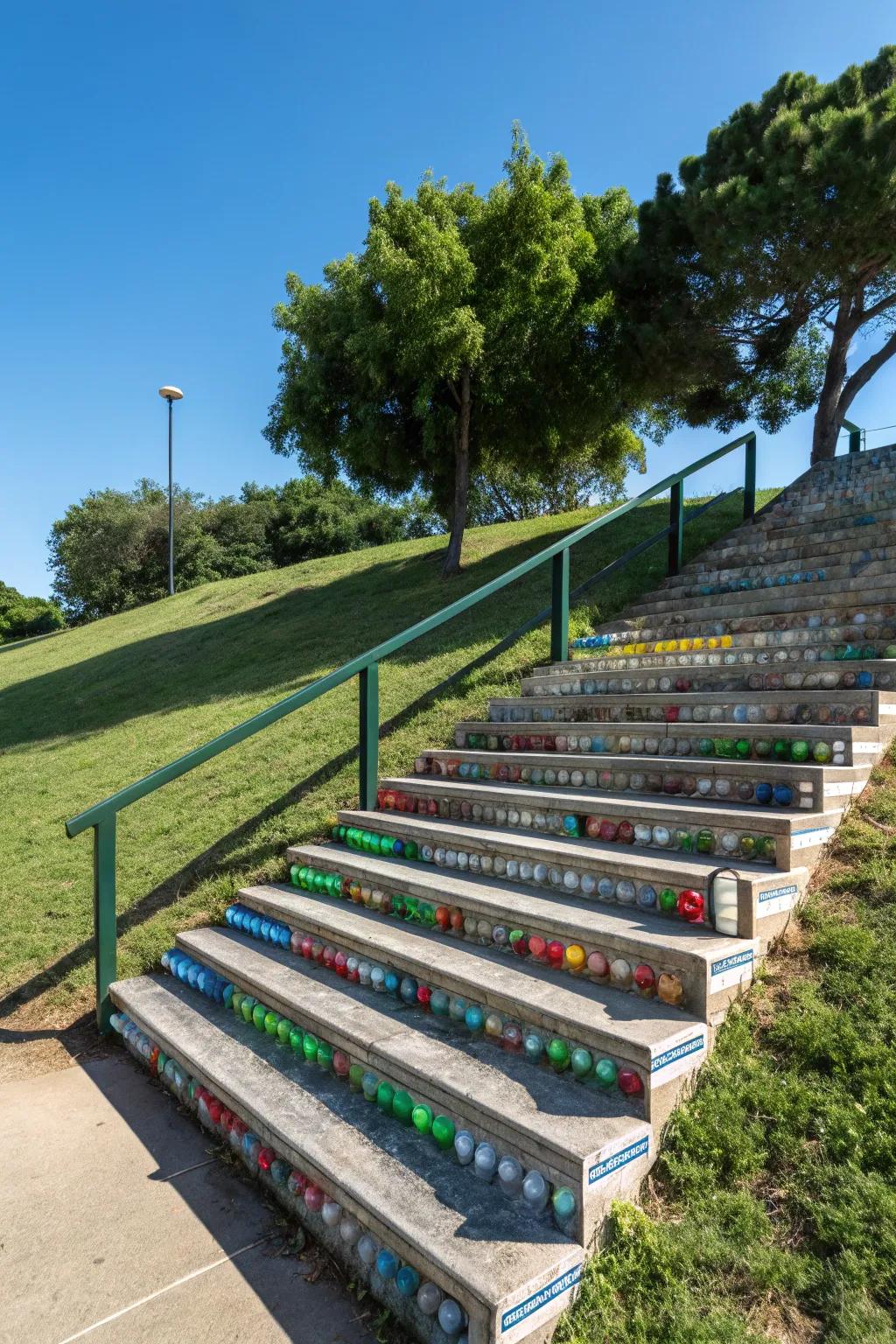 Plastic bottle steps showcase creative recycling and eco-friendly design.
