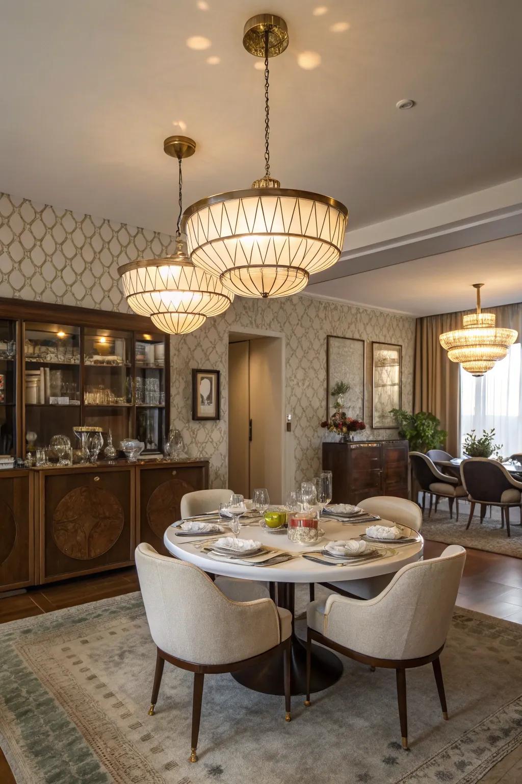 Mid-century modern lighting infuses retro appeal into the area.