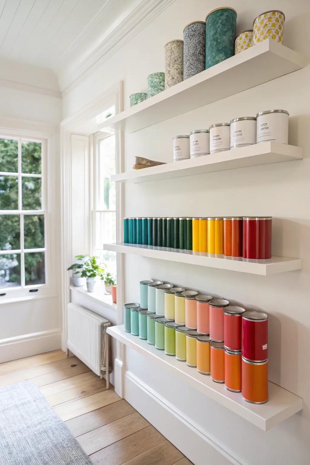 Wall-mounted shelves displaying paint cans in a minimalist style.