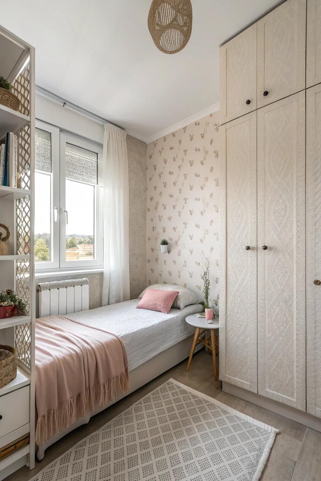 Textured walls deliver dimension and intrigue within compact rooms.
