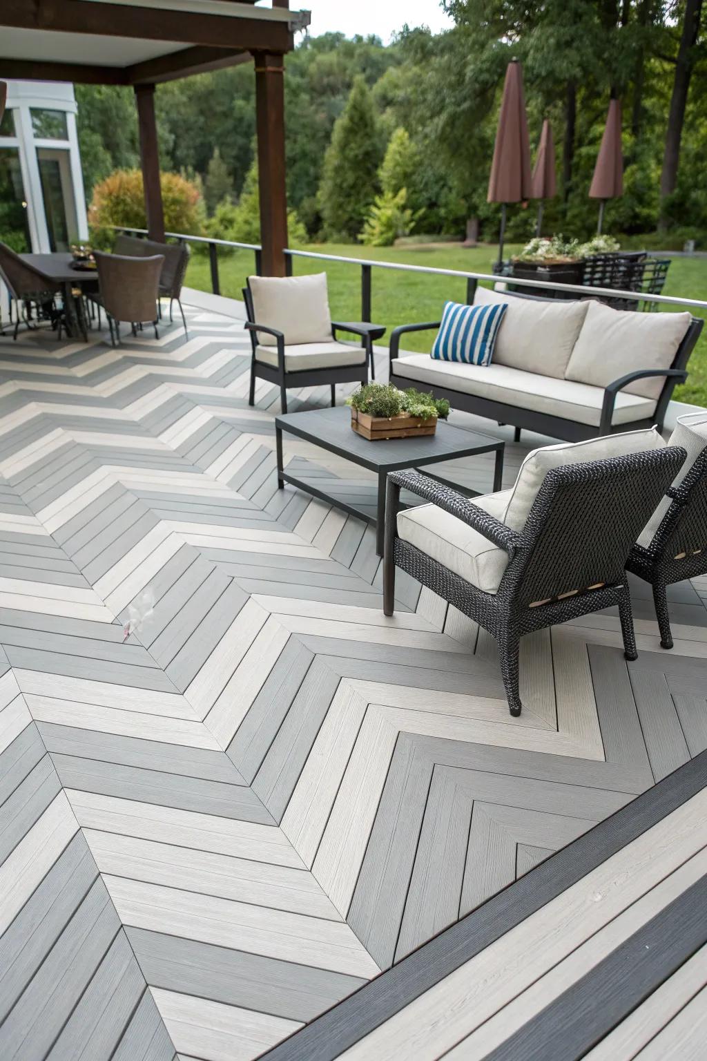A deck featuring modern diagonal stripe patterns, adding energy and style to the space.