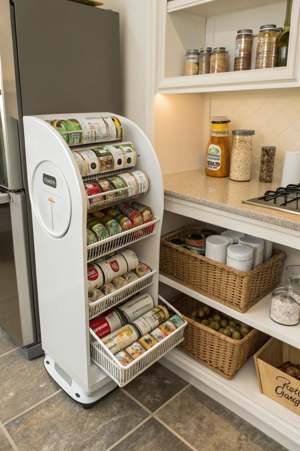 Keep your cans fresh with a dispenser that feeds automatically.