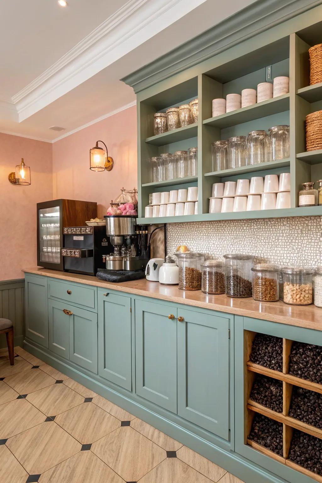 A cohesive color palette brings harmony and polish to a coffee bar.