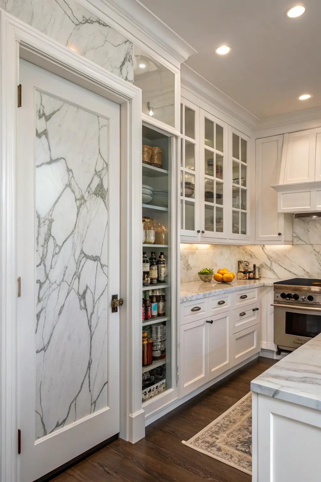 Integrating the pantry door with the backsplash enhances kitchen area cohesion.