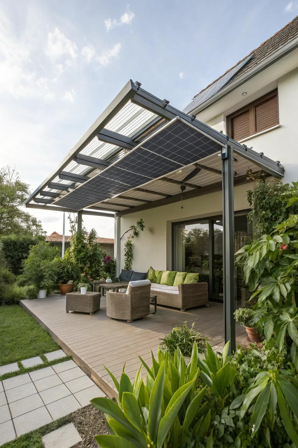 Solar-powered awnings provide sustainable and efficient shade.