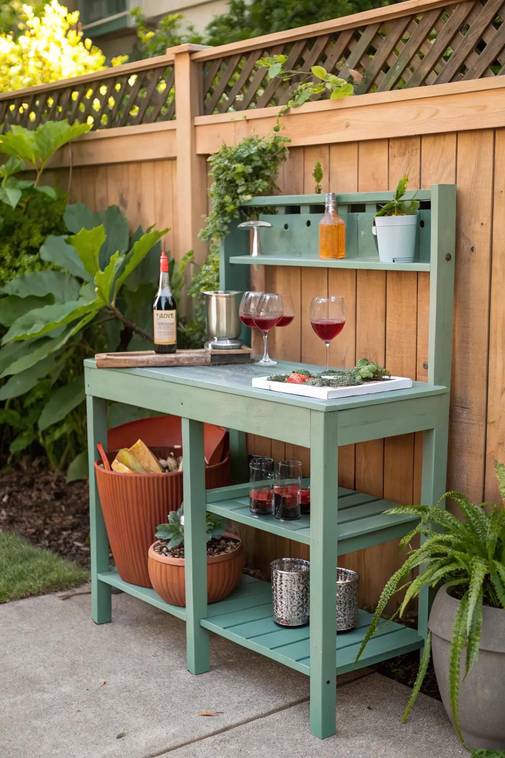 A DIY outdoor bar made from a repurposed potting bench.