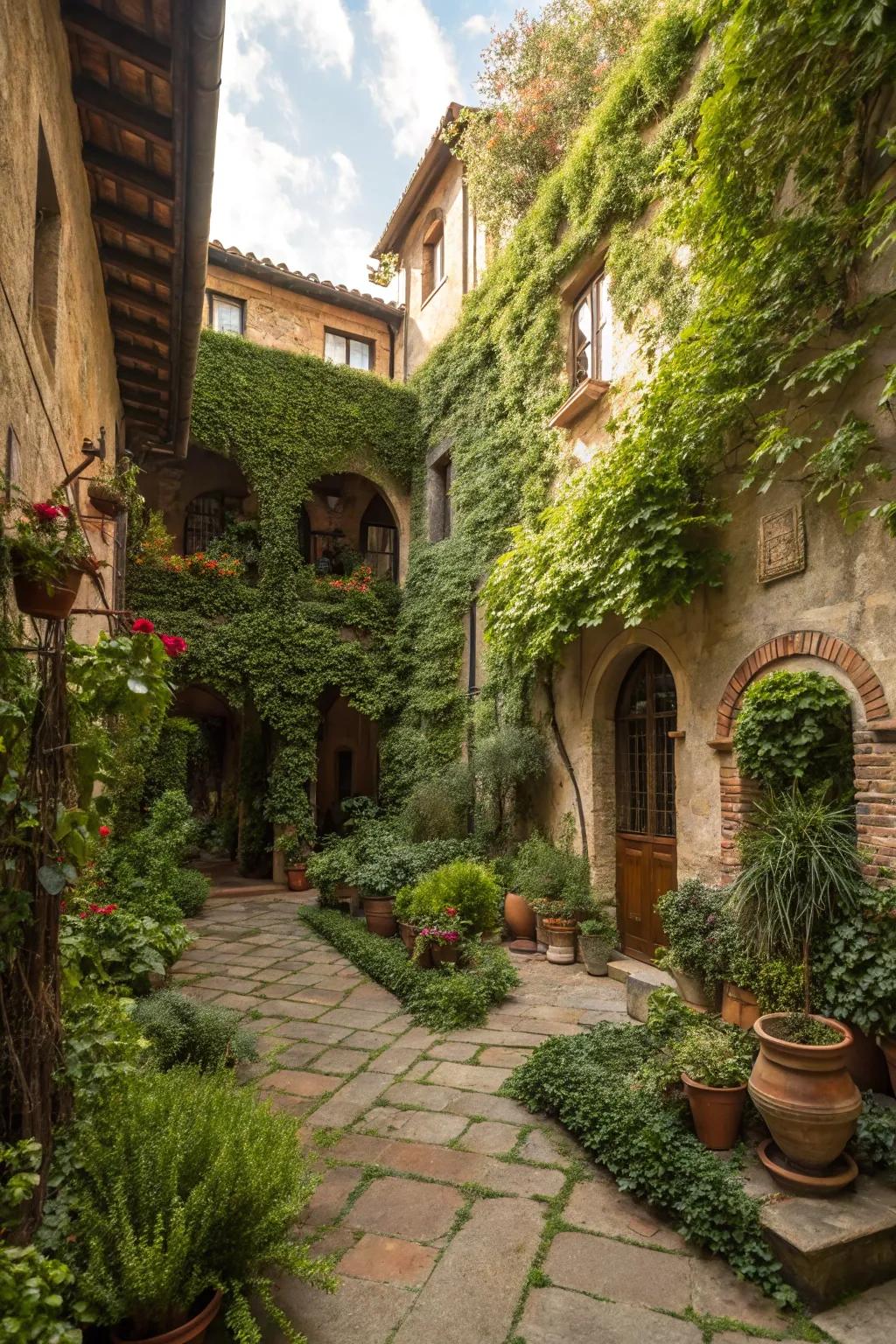 Upright gardens add living art and dimension to the courtyard.