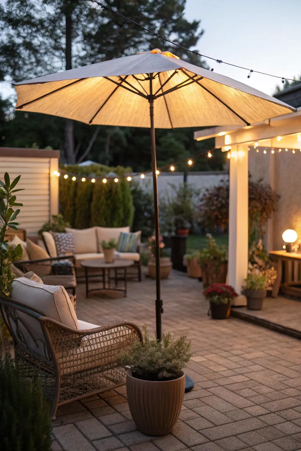 Illuminated patio umbrellas offer a multifunctional solution for shade and light.
