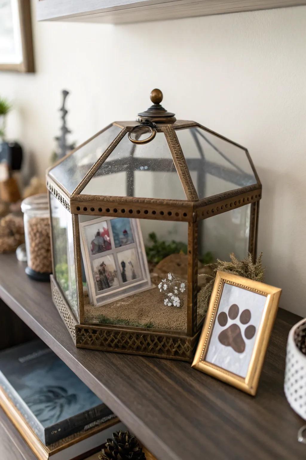 A meaningful memory display frame with a paw print.