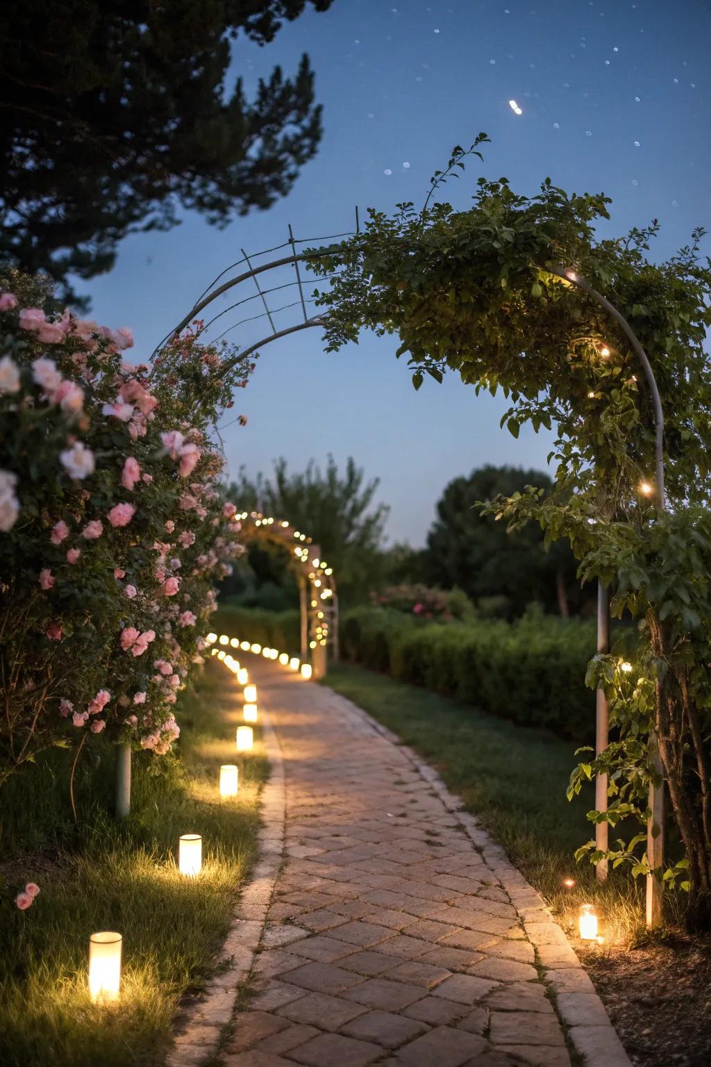 Outdoor lighting enhances the garden's nighttime ambiance.