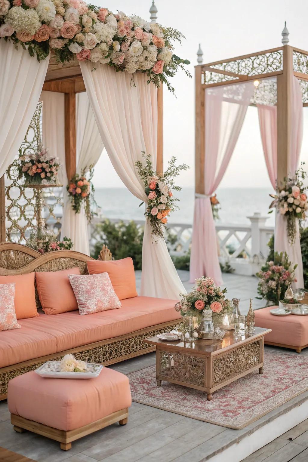 Chic peach seating arrangements for a cohesive aesthetic.