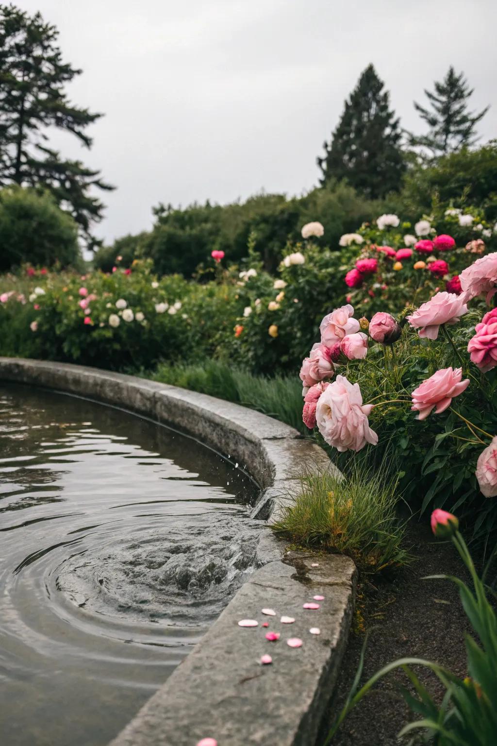 An aquatic element infuses tranquility into a peony garden.