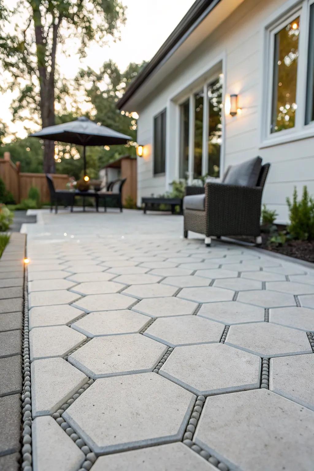 Hexagonal cell pavers offer a modern and permeable patio design.