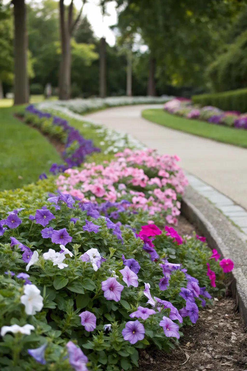 Beneath vibrant petunias, Periwinkle creates a magical and lavish groundcover.
