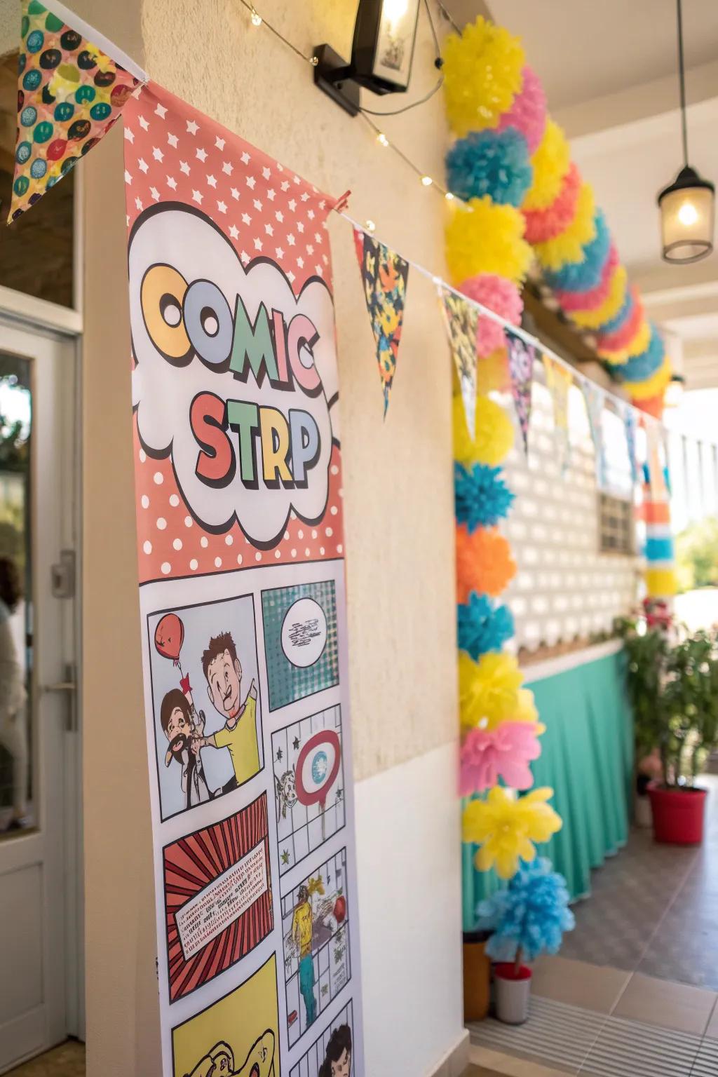 An illustrated story display featuring fun captions and speech bubbles.