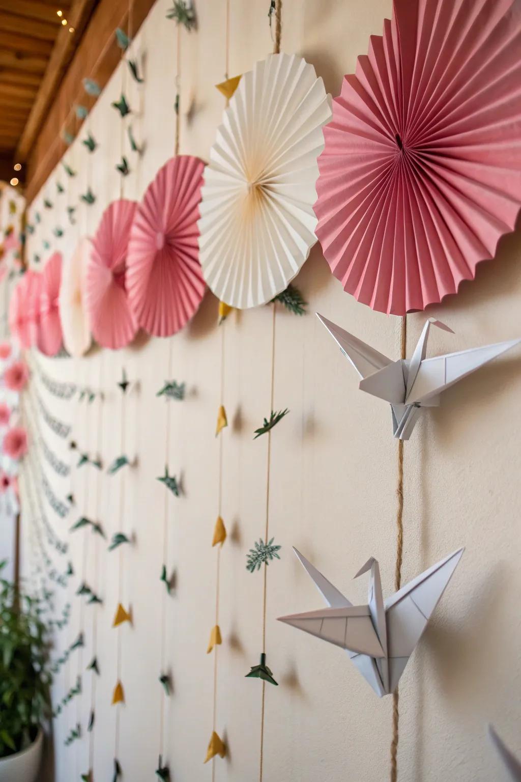 A wall adorned with paper cranes and fans, injecting a whimsical and magical touch.