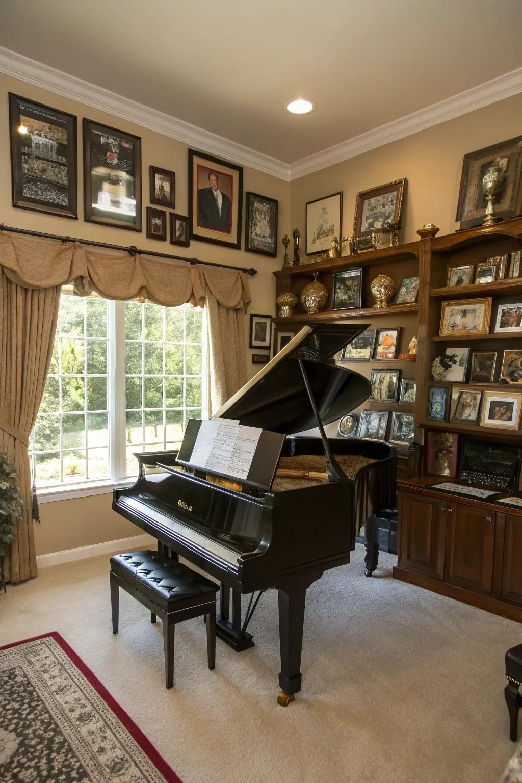 Personal impressions craft a lived-in and cherished piano space.