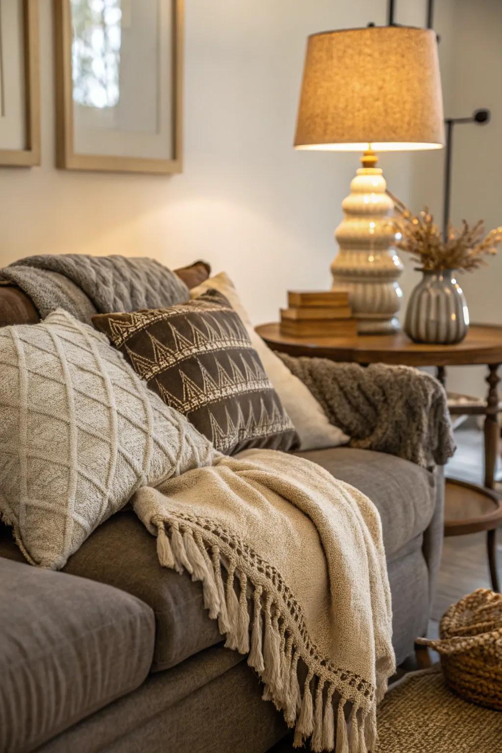 A sofa with arranged throws and cushions, creating an ultra-cozy area.