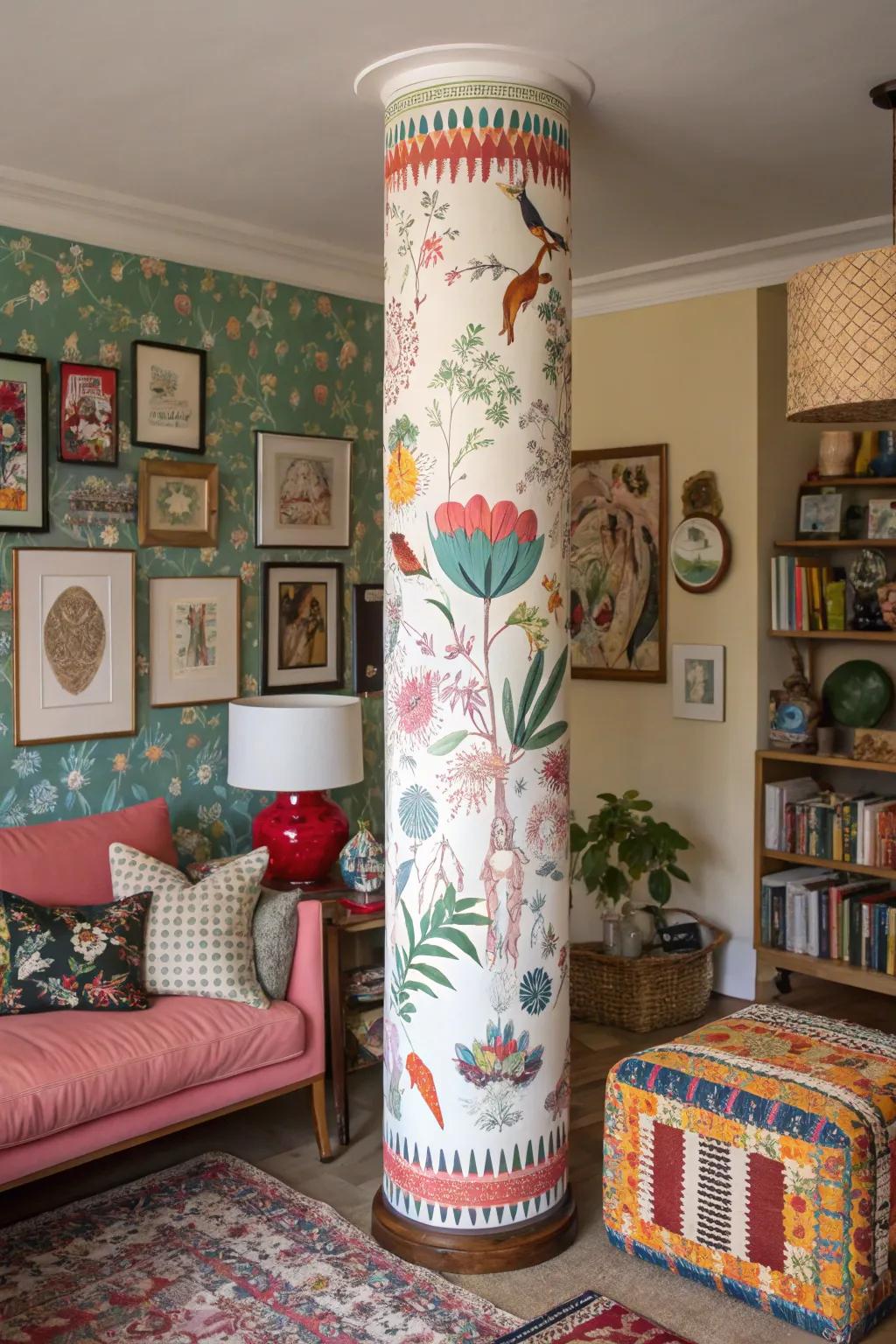 Wallcovering patterns can impart a lively and vibrant look to pillars.