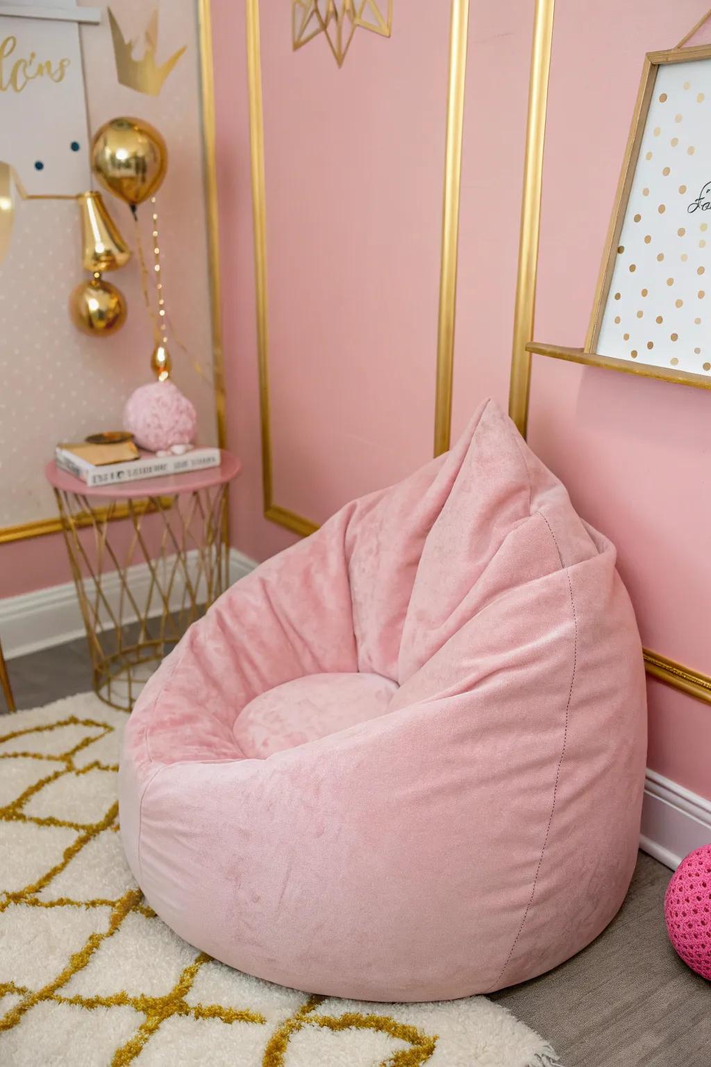 A plush bag seat provides a cozy spot for lounging.