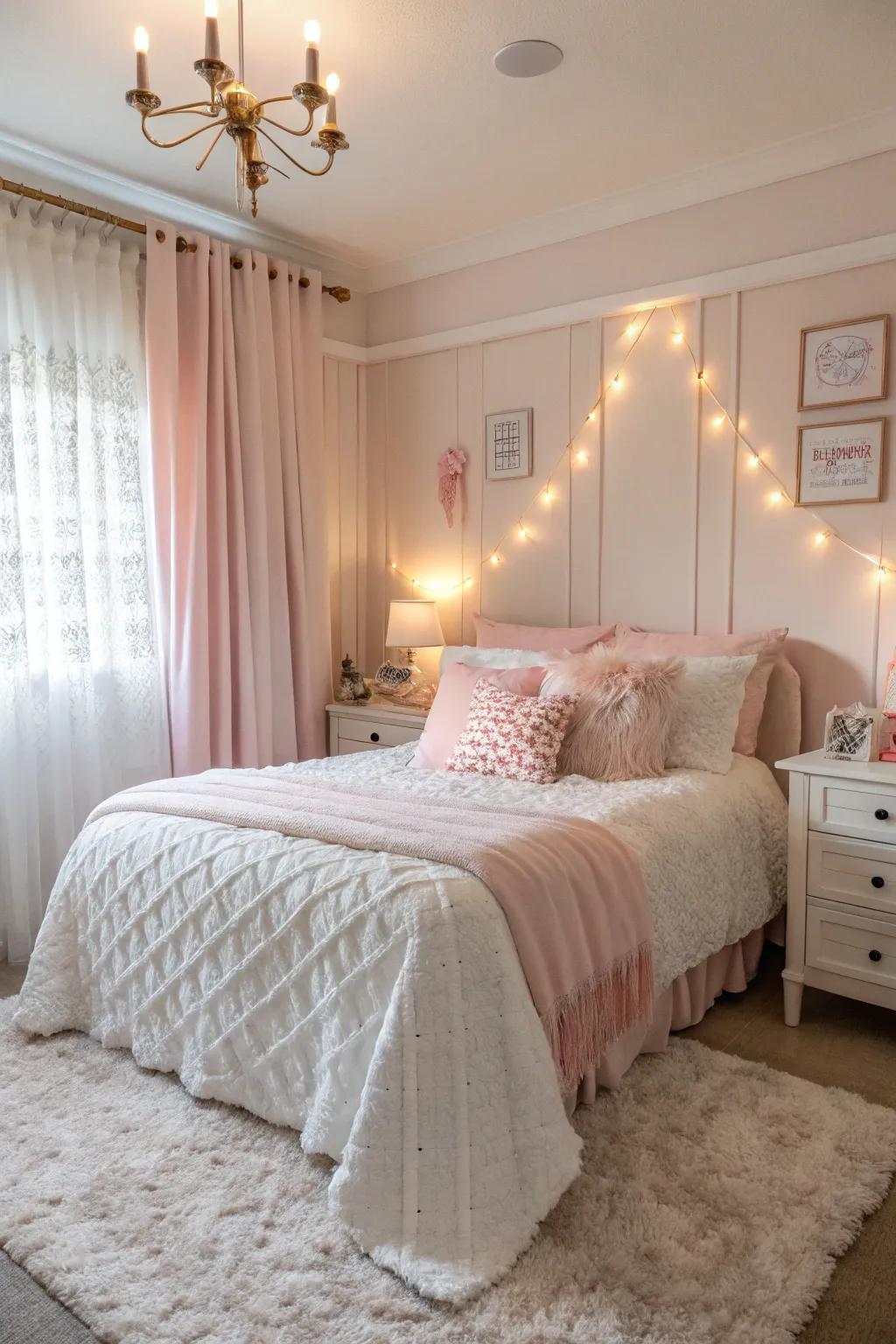 Marshmallow pink and white offer a soothing and inviting bedroom feel.