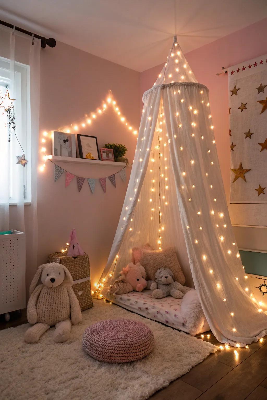 Fairy lights create a magical and cozy ambiance.