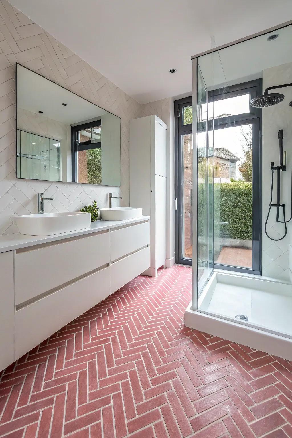 Rose herringbone floors produce visual interest.