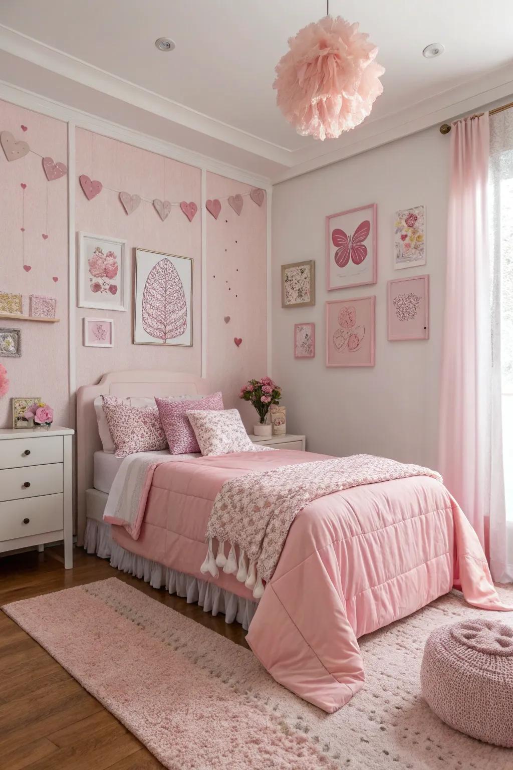 A monochromatic rose design brings sophistication to this modern bedroom.