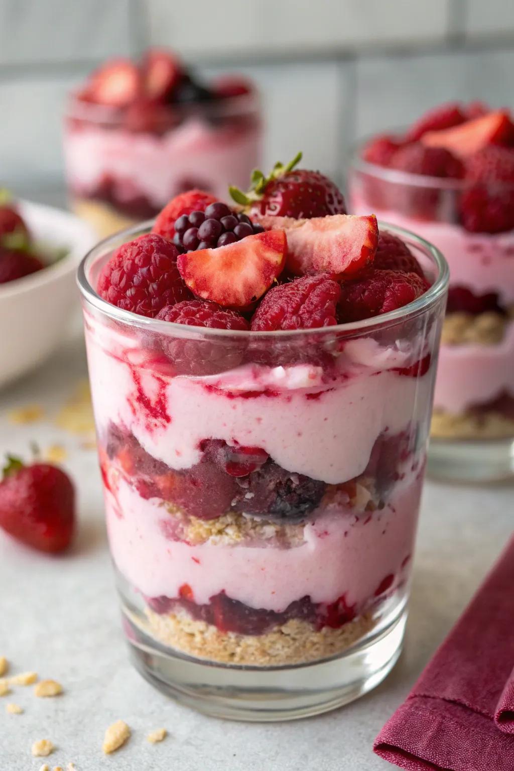 A pink berry parfait is a delightful, layered treat.