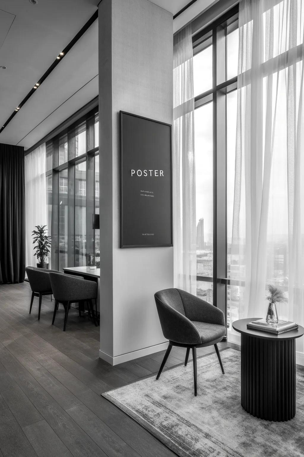 A single color black and white poster adding sophistication to an office.