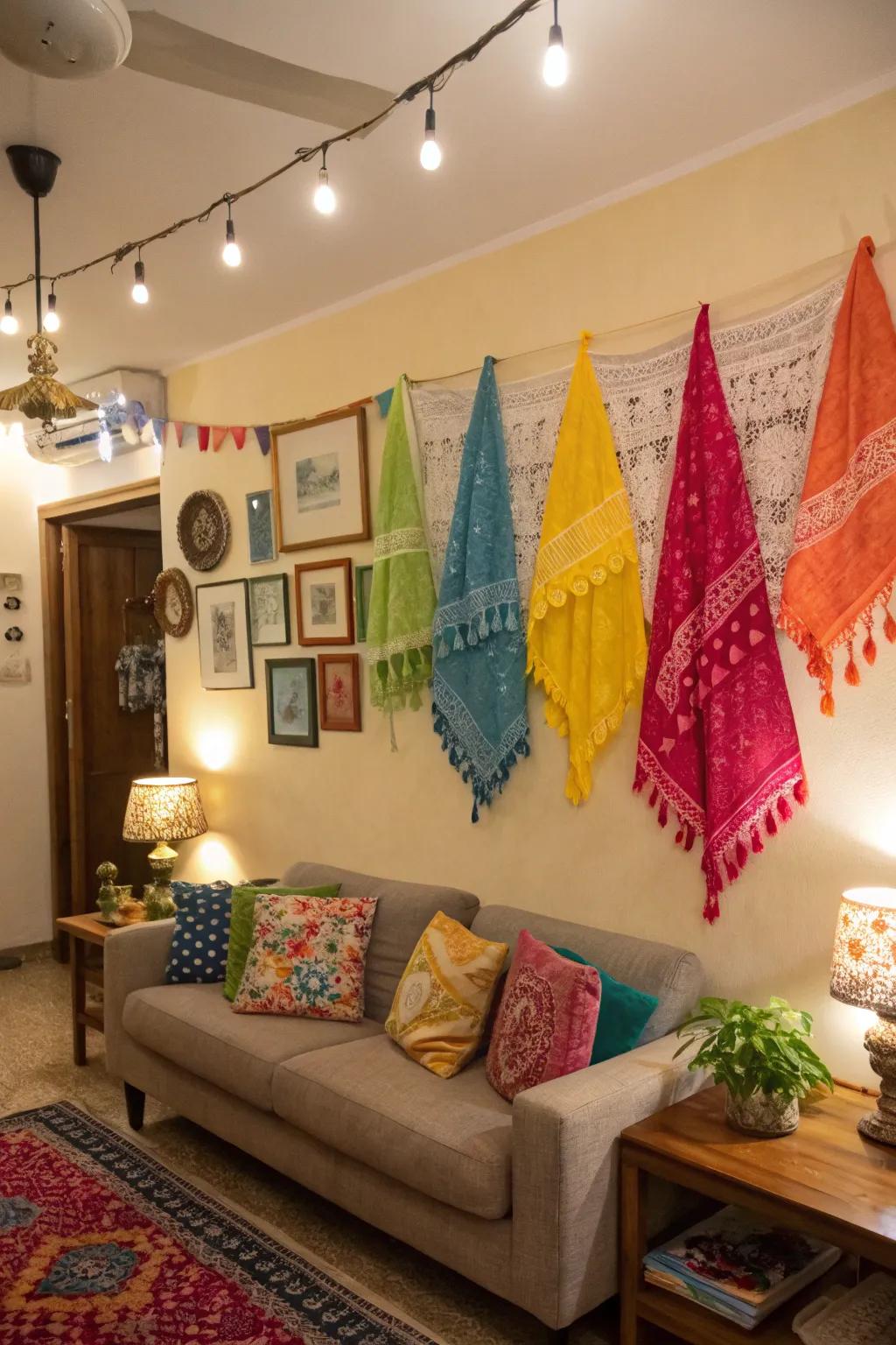 Brighten your walls using vibrant cloth decorations.