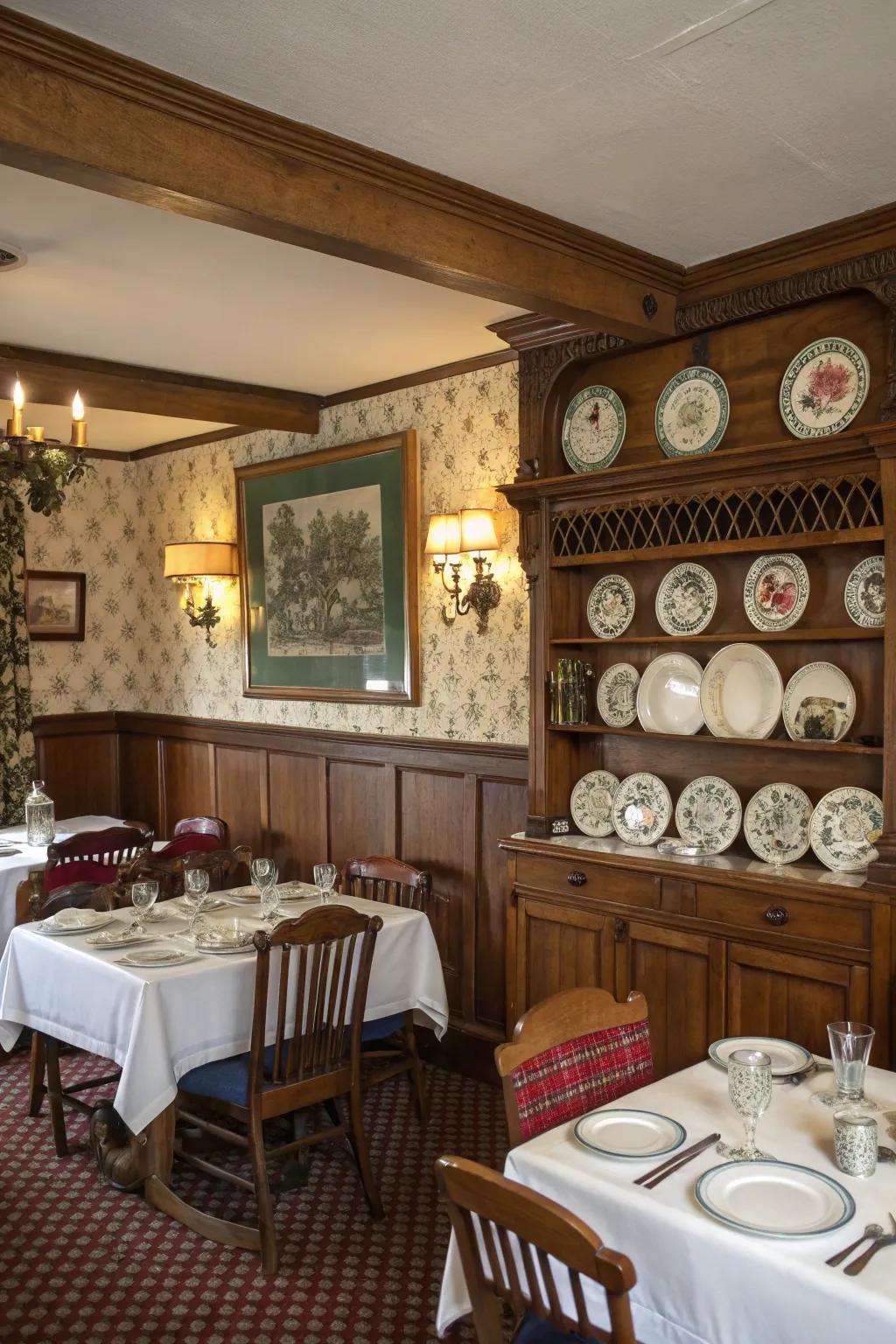 A vintage-inspired dining room with a charming plate rail