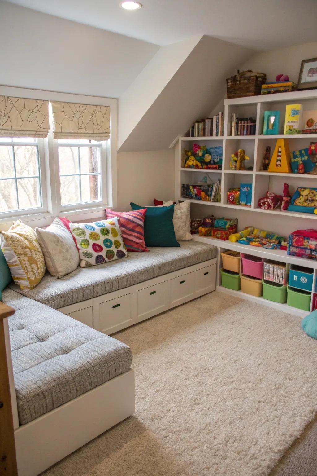 A well-used corner in a playroom with a corner couch.