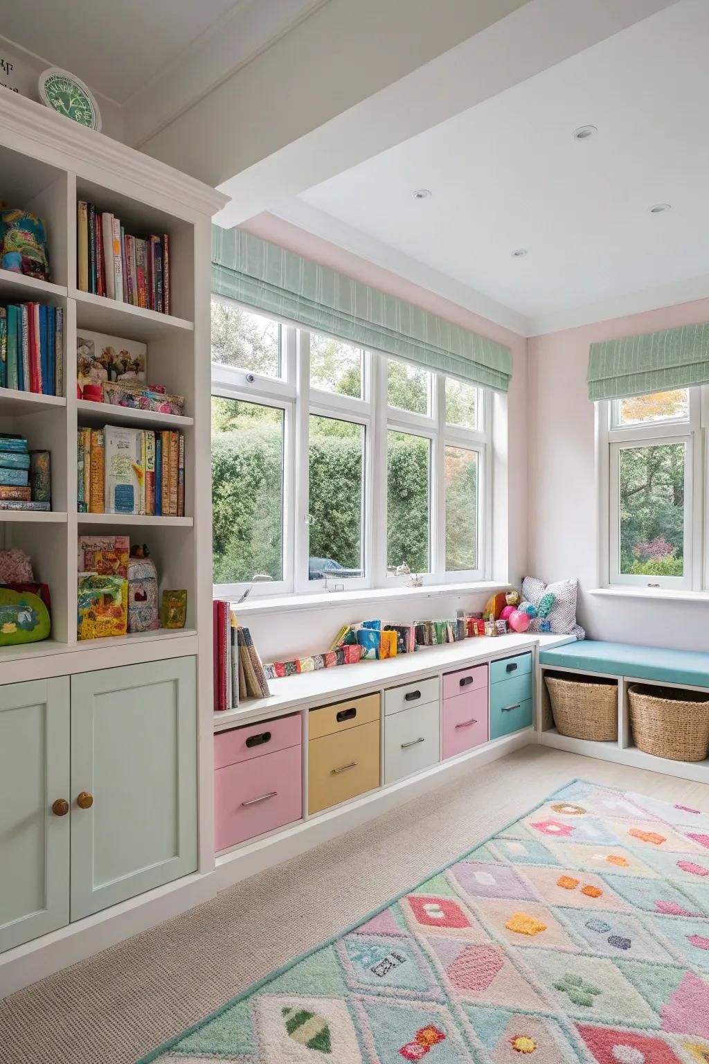 A playroom with clever concealed storage solutions.