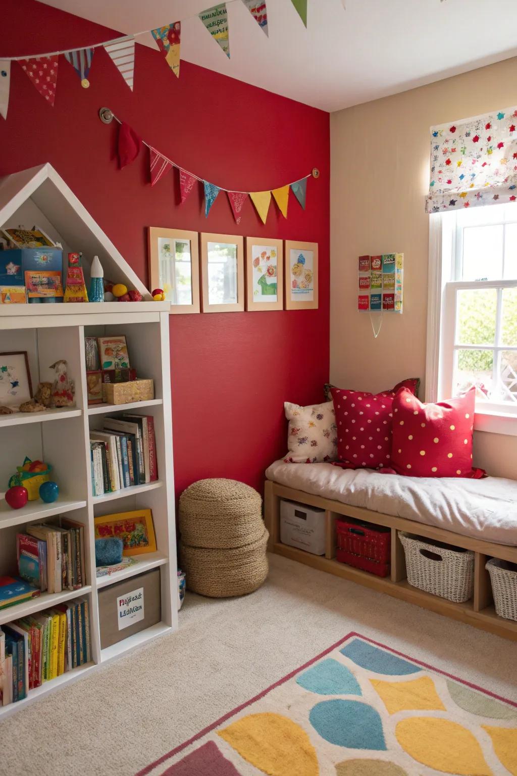 A bold accent wall adds focus and flair to the playroom.