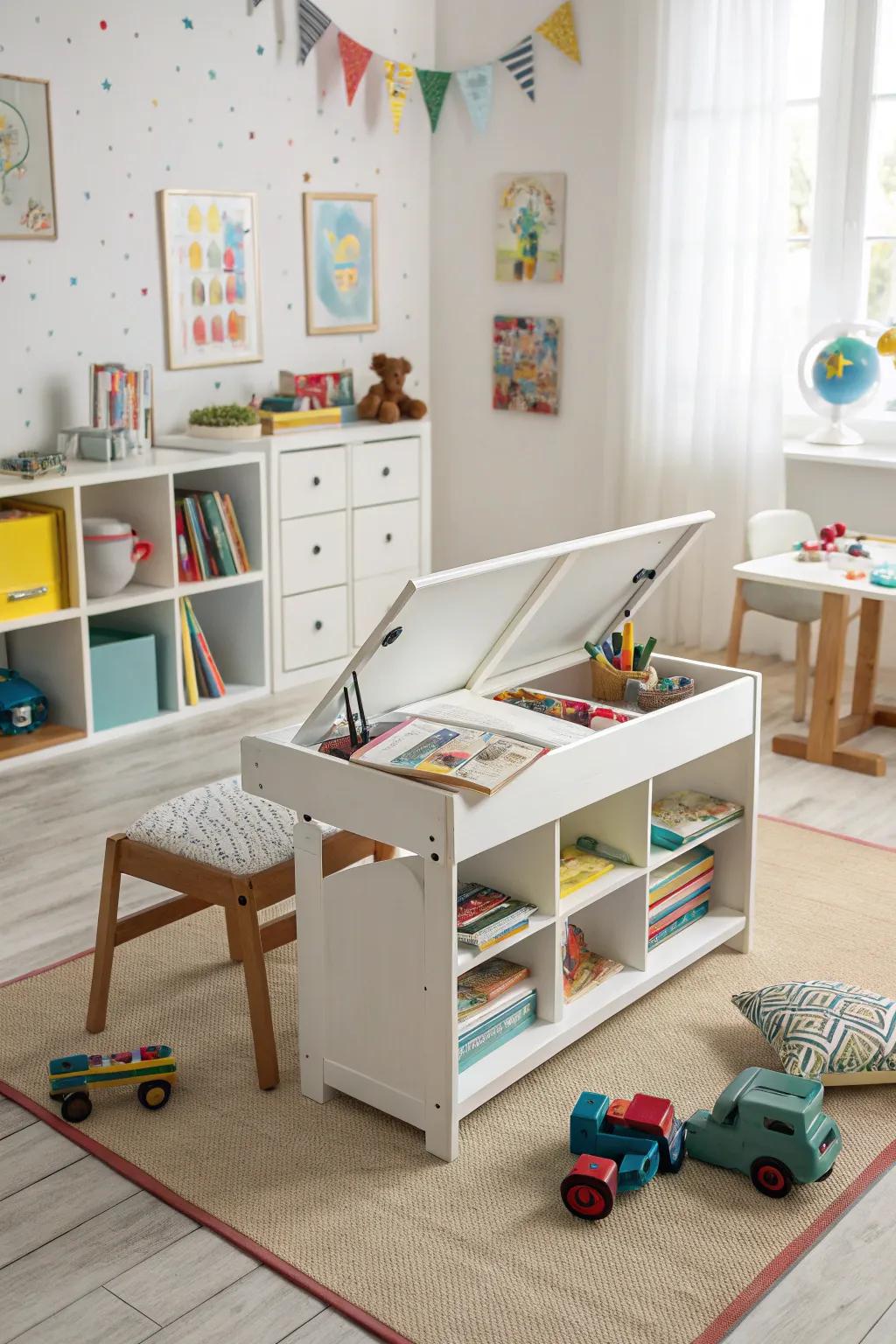 Transformable furniture in a playroom that adjusts as kids get older.