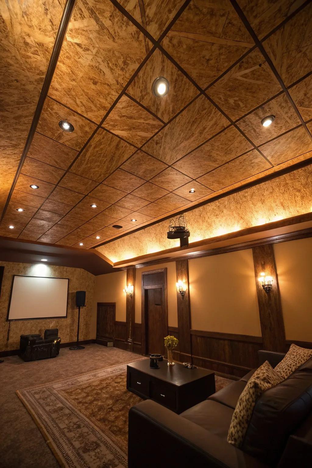 A room where highlight lighting turns a plywood ceiling into a magical feature.