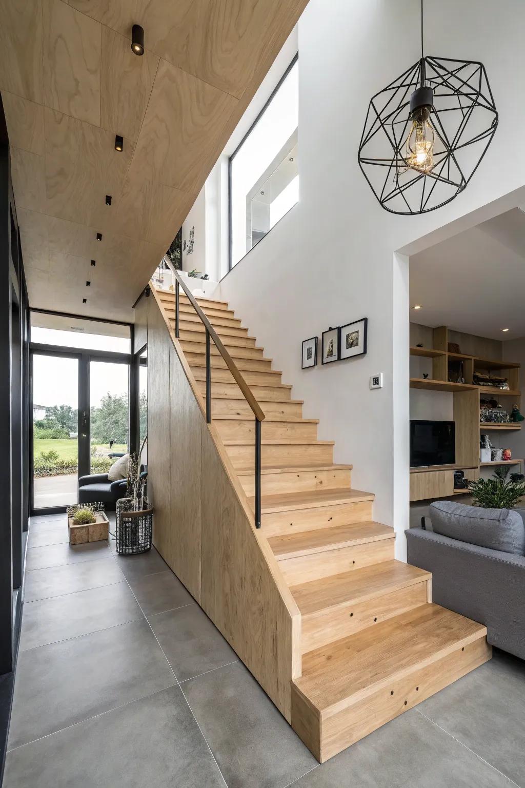 Wood panel stairs make a bold statement in this stylish home.