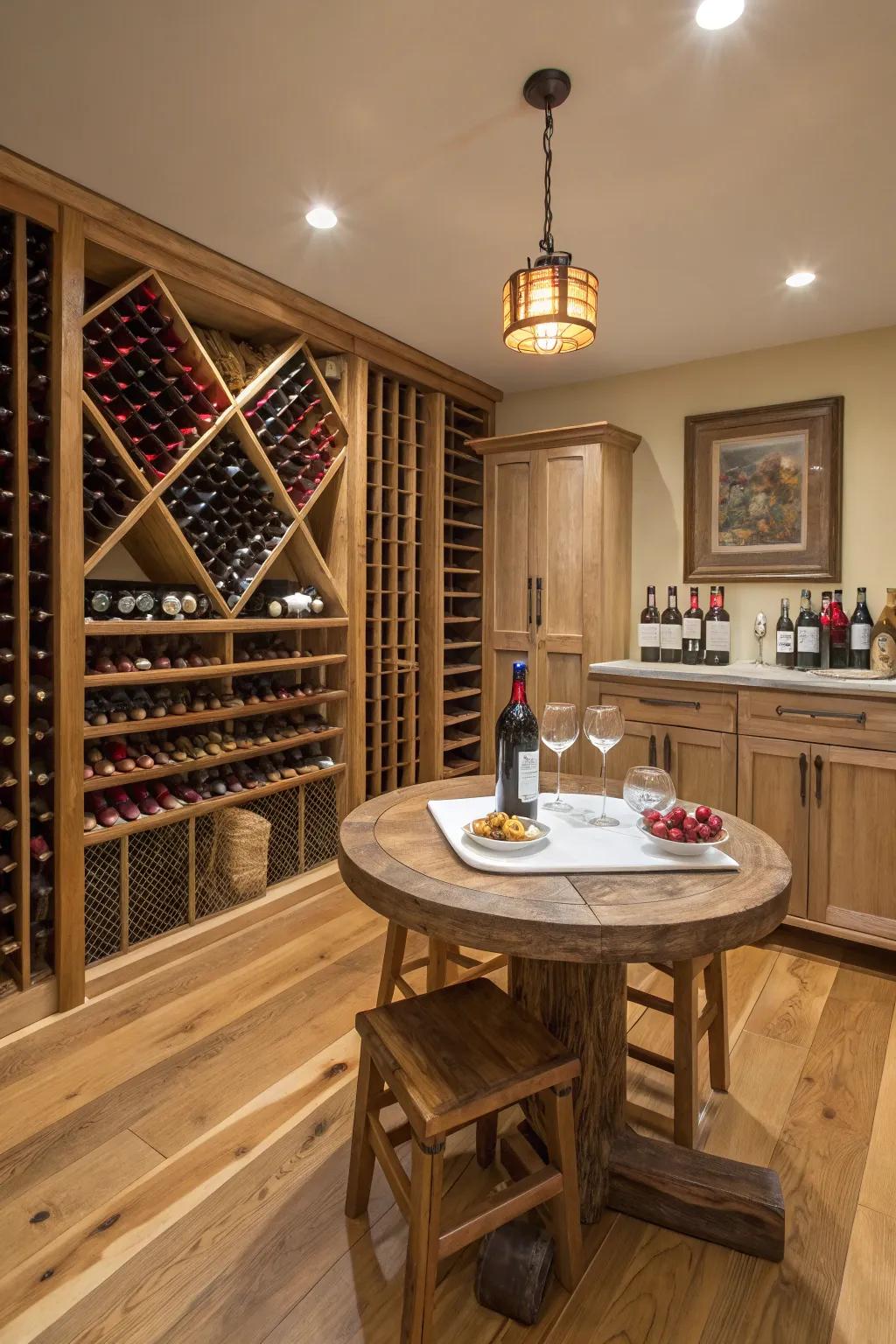 A wine cellar in a pole barn with wine racks and a tasting table.