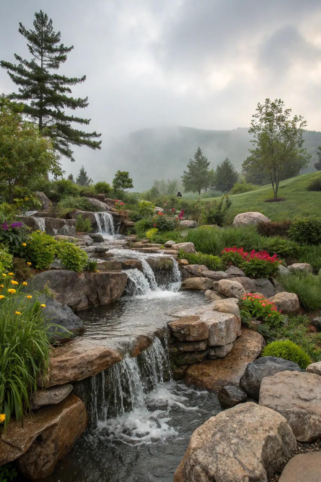 Cascading water streams adding vibrant beauty to a garden.